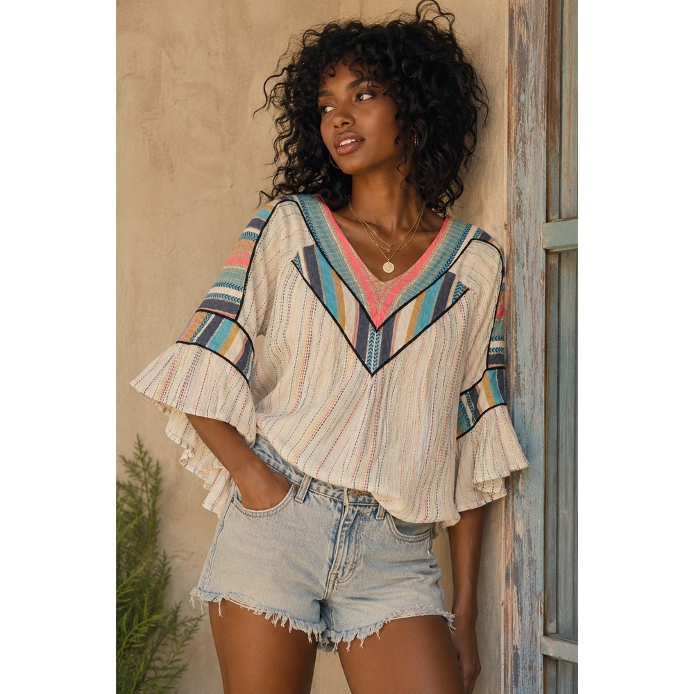 THML Women's XS Embroidered Boho Peasant Top Bell Sleeve Cotton Blend Multicolor